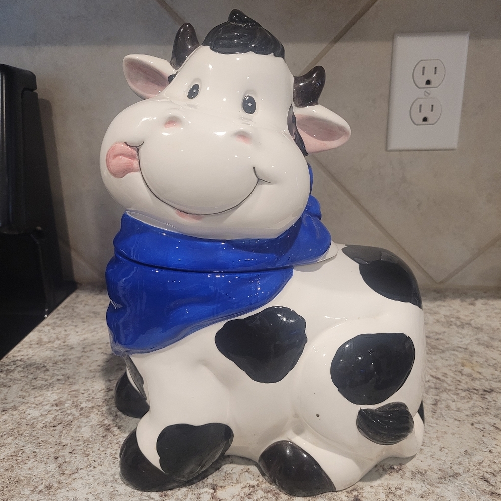 Cow Cookie Jar with Blue Scarf
